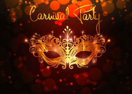 Carnival Party, Luxury Golden Carnival Mask, Masquerade, Mardi Gras. Carnival gold leaf lettering design, Night Party Poster, Dance Party Flyer, Musical Party Banner, Vector Carnival Invitationのイラスト素材
