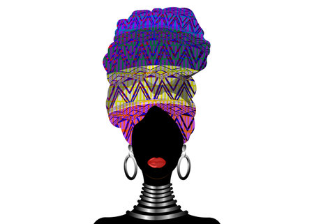 African scarf, portrait Afro woman in a geometric turban. Tribal Wrap fashion, Ankara, Kente, kitenge, African women dresses. Nigerian style, Ghanaian headwrap. Vector for Print, poster, t-shirt, cardのイラスト素材