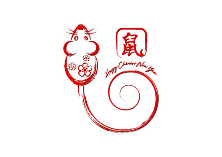 Chinese Zodiac Sign Year of Rat, Hand drawing red stroke brush style mouse. Happy Chinese New Year 2020. Translation: year of the rat. Vector isolated on white backgroundのイラスト素材