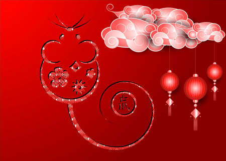 Chinese Zodiac Sign Year of Rat, Red ornament in paper cut style. Happy Chinese New Year 2020, mouse cartoon icon and oriental traditional sign in flat design, red backgroundのイラスト素材