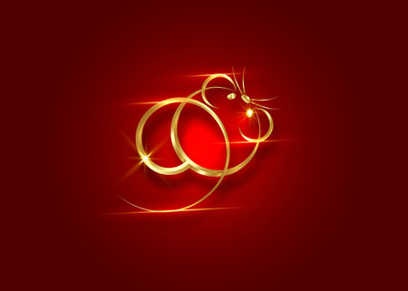 Gold logo rat or mouse icon, Chinese Zodiac Sign Year of the Rat. Happy Chinese New Year 2020. Luxury greeting card holiday party. Golden asian elements style, jewel decor and dark red backgroundのイラスト素材