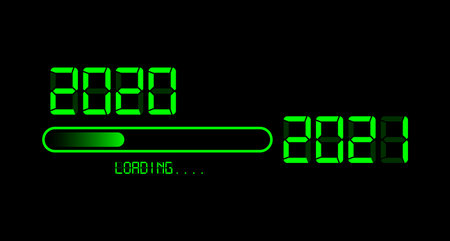 Happy new year 2020 with loading to up 2021. Green led neon digital time style. Progress bar almost reaching new year's eve. Vector illustration with display 2021 loading isolated or black background