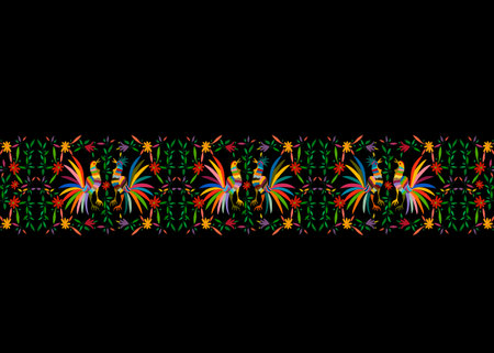 Mexican print Traditional Textile Embroidery Style from Mexico. Template Floral Composition with Birds, roosters and Peacocks, colorful seamless jungle frame composition isolated or black backgroundのイラスト素材
