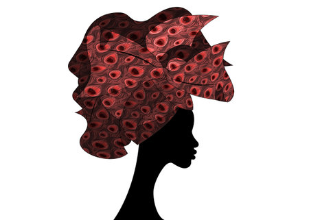 African wedding hairstyle Head wrap, colorful head scarf, beautiful portrait Afro Woman in Traditional Head tie Scarf Turban in peacock texture. Jungle afro safari tropical pattern. Vector isolatedのイラスト素材