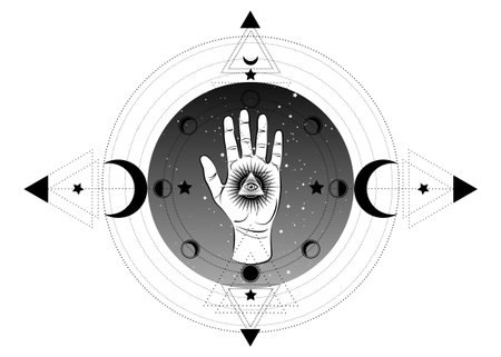 third eye hand esoteric spiritual icon. Sacred pyramid of knowledge, an all-seeing eye. Mystical geometry the moon phases. Masonic symbol eye inside triple moon pagan Wicca moon goddess icon isolatedのイラスト素材