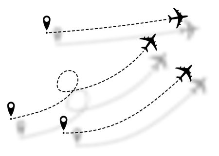 Set icons airplane line path route. Aircraft route dotted lines. Tourism and travel. Tourist route by plane. Tracks traveler dotted lines with start point. Vector isolated on white backgroundのイラスト素材