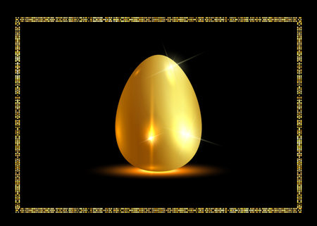 golden easter egg and gold frame for Easter holidays. Vector isolated on black backgroundのイラスト素材