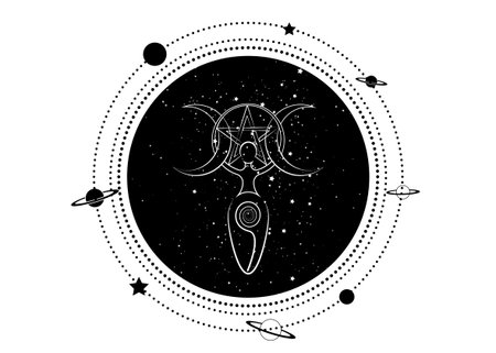 woman spiral goddess of fertility and triple moon wiccan. The spiral cycle of life, death and rebirth. Wicca pentacle, mother earth symbol of sexual procreation, vector tattoo sign icon isolatedのイラスト素材