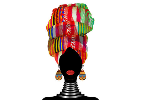 Portrait beautiful African woman in traditional turban wearing typical Afro ethnic jewelry. Vector isolated or white backgroundのイラスト素材