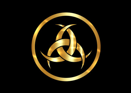 Gold Emblem Of Diane De Poitiers, Three Interlaced Crescents moon. Religion symbol, Odin icon. Golden luxury Celtic sacred flower Wiccan divination, tattoo tribal sign isolated on black backgroundのイラスト素材