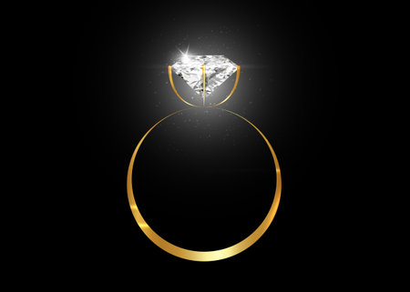 Vector dazzling diamond ring on black shining background. concept for chossing best diamond gem design. Realistic wedding gold ring isolated on blackのイラスト素材