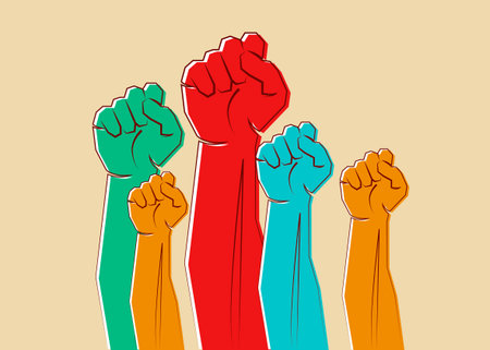 colorful clenched fists hands raised in the air. Protest, strength, freedom, revolution, rebel, revolt concept design vector illustration isolated on beige backgroundのイラスト素材