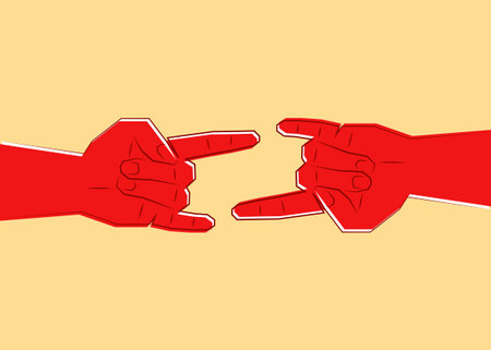 red hands making Devil's horns, single line drawing, Rock n roll sign, line art style sign, vector isolated on beige backgroundのイラスト素材