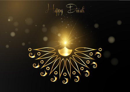 Elegant luxury gold Happy Diwali Indian lights festival black greeting card template. Hindu Diwali Golden ornament and candle light flame, burning oil lamp night effect, isolated on black backgroundのイラスト素材