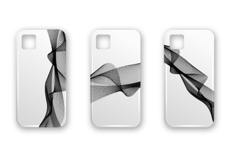 Set of white realistic phone case with smoke wave. Vector template of smart phone back view mockup on isolated backgroundのイラスト素材
