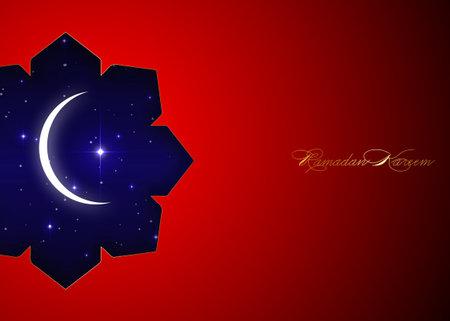 Ramadan Kareem greeting card with white crescent moon and big shiny star. Red luxury poster or invitation design with gold mandala islamic ornament. Ramadan Mubarak, Glorious month of Muslim yearのイラスト素材