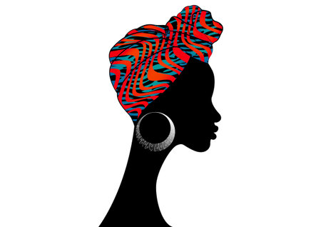 portrait beautiful Afro woman. Shenbolen Ankara Headwrap Women African Traditional Headtie Scarf Turban. Kente head wraps African fabric design, zebra texture. Vector isolated on white backgroundのイラスト素材