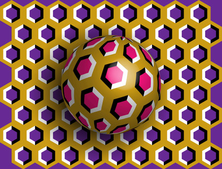 Ball optical illusion clipart. Optical illusion of movement. A sphere is spinning around a moving floor. Abstract fantasy in a surreal style. Optical illusion to confuse you with your headのイラスト素材