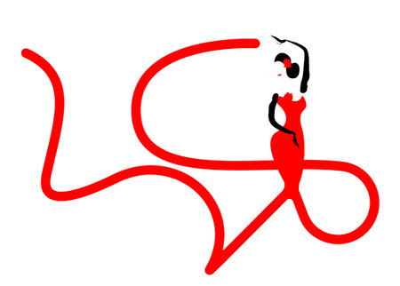 beautiful logo young woman hispanic flamenco dancer dancing flamenco. Traditional and elegant Spanish in long clothes. For brochure, card, template, dance school. Vector Isolated or white backgroundのイラスト素材