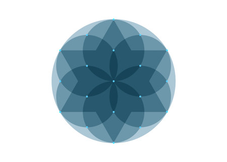 Seed of life symbol Sacred Geometry. Geometric mystic mandala of alchemy esoteric colorful Flower of Life in shade of green color. Divine meditative amulet, vector isolated on white backgroundのイラスト素材