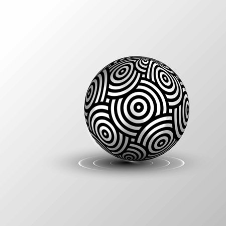 repeating circles pattern sphere with realistic light and shadow. Abstract 3D ball vector monochrome object logo business design. Optical Art style, vector isolated on white backgroundのイラスト素材