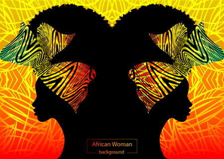 portrait beautiful Afro woman. Shenbolen Ankara Headwrap Women African Traditional Headtie Scarf Turban. Kente head wraps African tribal batik fabric design. Vector Africa Safari concept backgroundのイラスト素材