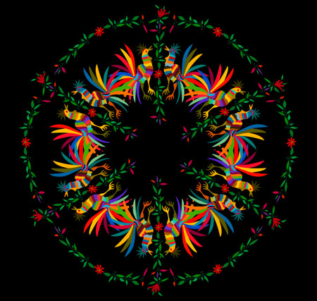 Round Ethnic Mexican embroidery background, colorful roosters jungle animals hand-made. Otomi culture naive print folk decorations. latin, Spanish, mediterranean style. Floral elements textileのイラスト素材