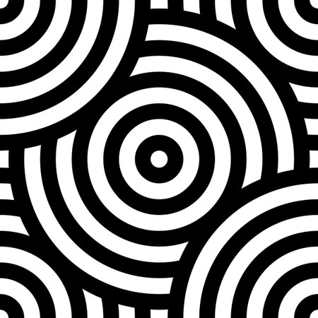 seamless pattern, black and white intersecting repeating circles texture. Japanese style circles. Modern spiral abstract geometric wavy background, overlap circle. African Print fabric tribal motifsのイラスト素材