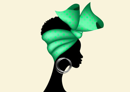 Portrait African woman wears bandana for curly hairstyles. Shenbolen Ankara Headwrap. Afro Traditional Headtie Scarf Turban in polka dots fabric design texture. Vector isolated 1950's Pin-up styleのイラスト素材