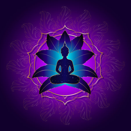 Buddha silhouette in lotus position over gold ornate mandala lotus flower. Vector illustration isolated on purple background. Buddhism esoteric motifs, Chakra concept, spiritual yogaのイラスト素材
