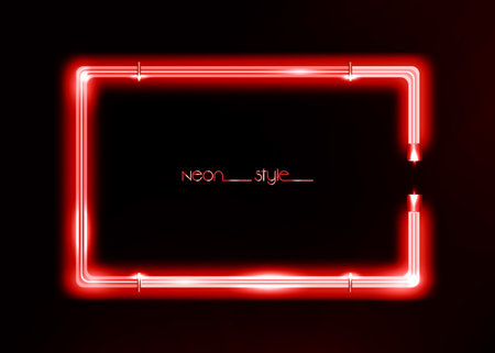 Neon frame background, red color sign. Colorful neon shiny glowing vintage frame isolated or black background. Fashion neon tube realistic rectangle border, vector template illustrationのイラスト素材