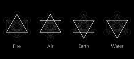 four elements icons, line, triangle and round symbols set template. Air, fire, water, earth symbol. Pictograph. Alchemy symbols isolated on black background. Magic vector decorative elementsのイラスト素材