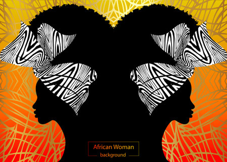 portrait beautiful Afro woman. Shenbolen Ankara Headwrap Women African Traditional Headtie Scarf Turban. Kente head wraps African tribal batik fabric design. Vector Africa Safari concept backgroundのイラスト素材