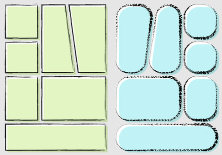 manga set storyboard layout template for rapidly create the comic book style. Colorful A4 design of paper ratio is fit for print out. Vector isolated frame handmade sketch styleのイラスト素材