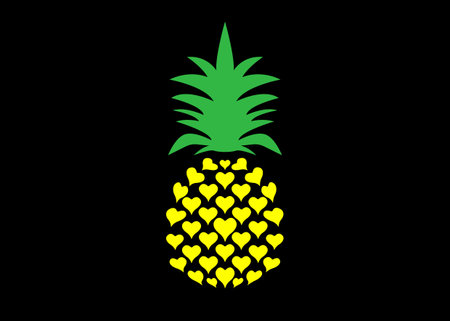 Pineapple with leaf  icon, heart shape design. Colorful Tropical fruit isolated on black background. Symbol of food, sweet, exotic and summer, vitamin, healthy. Nature sign. Flat conceptのイラスト素材
