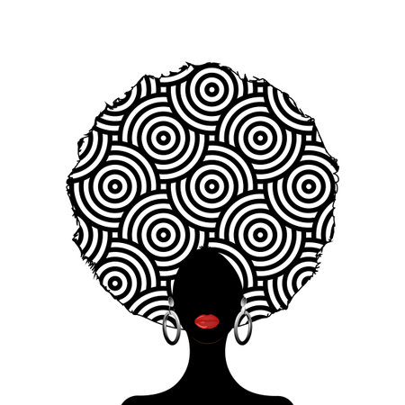 portrait African Woman silhouette, dark skin female face with afro curly hair and ethnic traditional earrings, vector isolated. Curly hairstyle beauty concept. White backgroundのイラスト素材