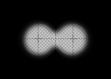 Binoculars view with measurement marks. Framework for military, hunting or tourism projects. The view from the binoculars template. Spy surveillance. Vector isolated on a transparent backgroundのイラスト素材