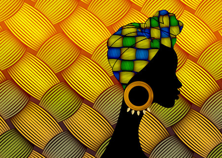 portrait beautiful African woman. Shenbolen Ankara Head wrapped woman wearing traditional tied head scarf or turban. Colorful Kente head wraps concept. Abstract Afro fabric design weaved patternのイラスト素材