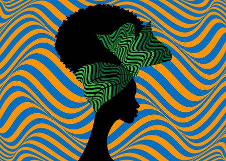 Portrait African woman wears bandana for curly hairstyles. Shenbolen Ankara Headwrap Women. Afro Traditional Headtie Scarf Turban tribal zebra fabric design texture. Orange Safari striped backgroundのイラスト素材