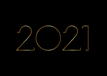 2021 Happy New Year with gold neon texture, modern background, vector isolated or black background, elements for calendar and greetings card or Christmas themed luxury golden invitationsのイラスト素材