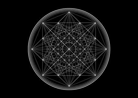 Line drawing mandala, sacred geometry, white   design element. Geometric mystic mandala of alchemy esoteric symbol, vector illustration isolated on black backgroundのイラスト素材