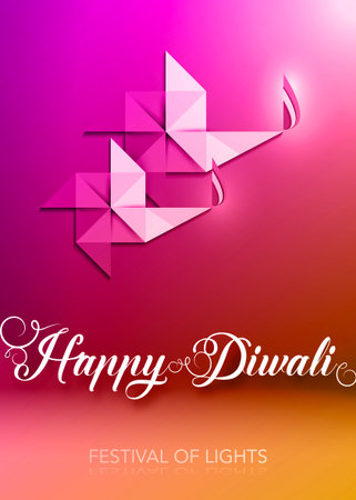 Happy Diwali Celebration in Origami style Graphic design of Indian Diya Oil Lamps in pinwheel shape, Paper cut Flat Design. Colorful Festival of Lights. Vector isolated on pink purple backgroundのイラスト素材