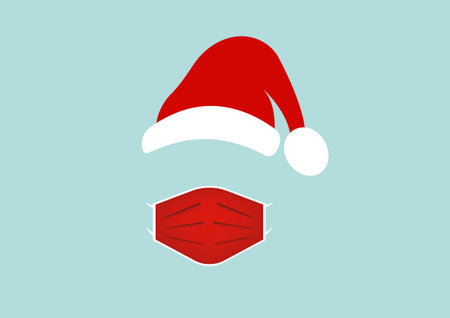 Santa Claus head label with surgical mask and red hat. Merry Christmas, Santa Claus design for coronavirus protection, vector isolated on blue backgroundのイラスト素材