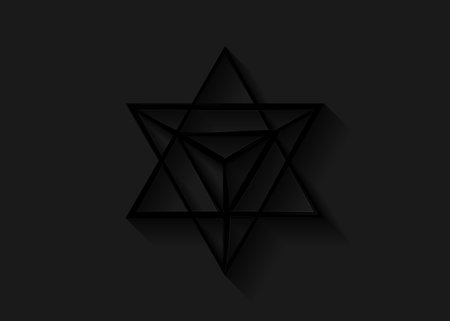 Sacred geometry. Merkaba thin line geometric triangle shape. esoteric or spiritual symbol. isolated on black background. Star tetrahedron icon. Light spirit body, wicca esoteric divination, 3D shadowのイラスト素材