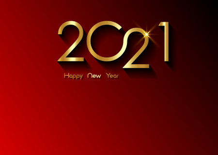Golden 2021 New Year logo with copy space. Christmas theme, vector illustration. Holiday design for greeting card, invitation, calendar, party, gold luxury vip, isolated on red backgroundのイラスト素材