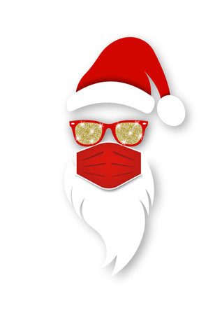 Santa Claus head label wears surgical mask, red hat and white beard with glitter sunglasses. Paper cut style. Merry Christmas Santa Claus design coronavirus protection, vector isolated on whiteのイラスト素材