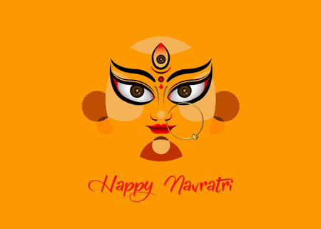Happy Navratri, Goddess Durga Face in Happy Durga Puja Subh Navratri Indian religious header banner background with luxury golden earring. Vector isolated on orange backgroundのイラスト素材