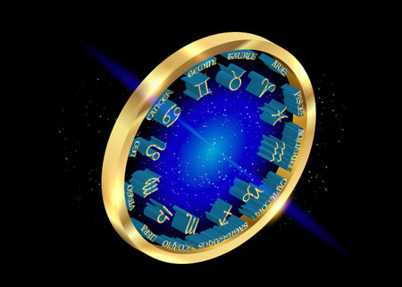 3D gold wheel of the zodiac, set collection of 12 zodiac signs, Aries, Taurus, Leo, Gemini, Virgo, Scorpio, Libra, Aquarius, Sagittarius, Pisces, Capricorn, Cancer. Vector isolated on black backgroundのイラスト素材