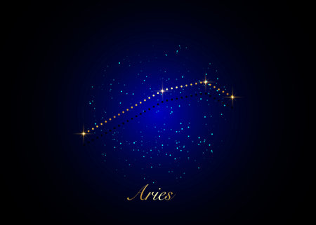 Aries zodiac constellations sign on beautiful starry sky with galaxy and space behind. Gold Aries horoscope symbol constellation on deep cosmos backgroundのイラスト素材