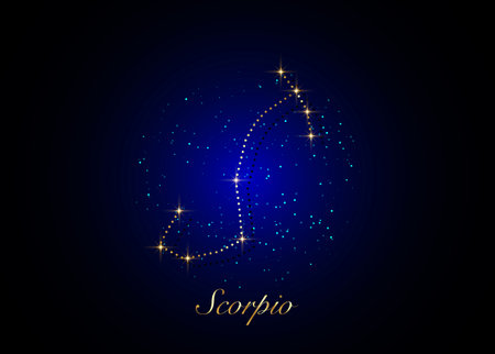 Scorpio zodiac constellations sign on beautiful starry sky with galaxy and space behind. Gold Scorpio horoscope symbol constellation on deep cosmos background. vectorのイラスト素材